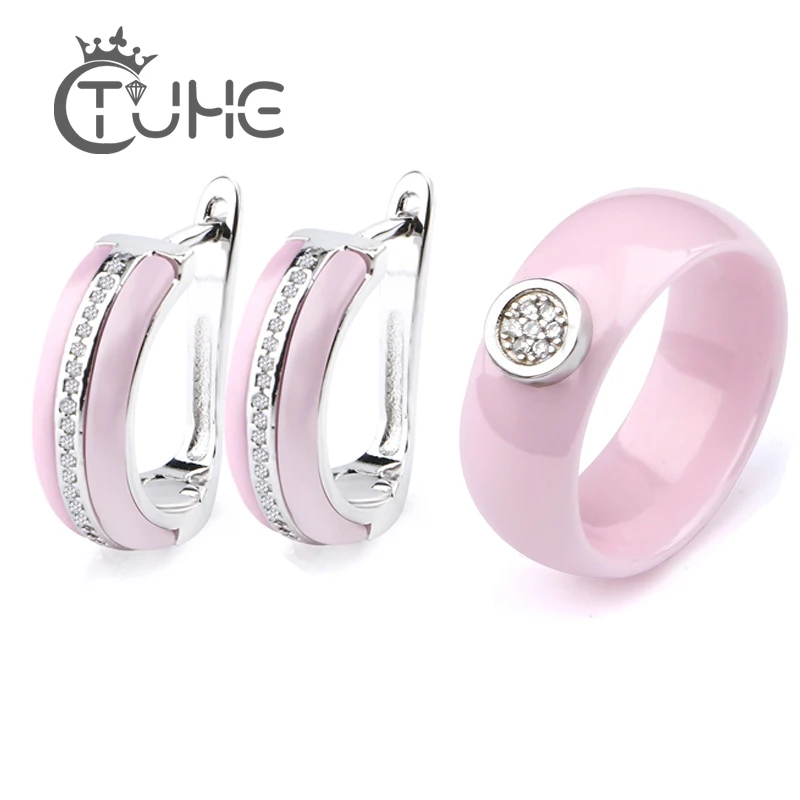 

2019 U Shape Ceramic Earrings Rings Sets For Women 8mm Smooth Lovely Pink Ceramic Stud Ear Women Jewelry Sets Wedding Jewelry