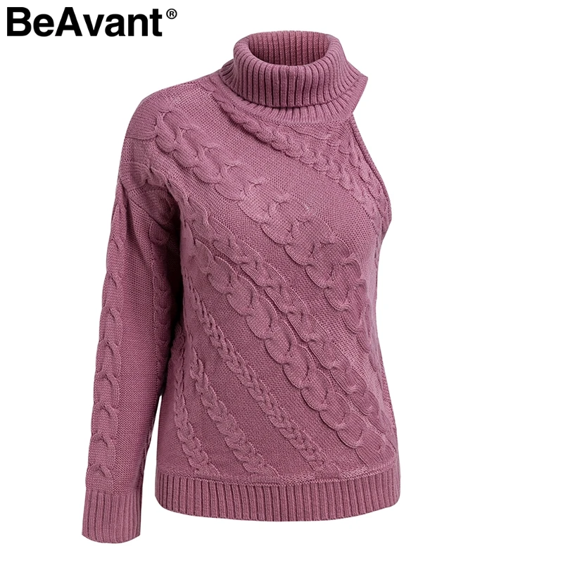 BeAvant One shoulder pink turtleneck knitted sweater Female twist pullover women jumper Casual streetwear autumn winter sweater BeAvant One shoulder pink turtleneck knitted sweater Female twist pullover women jumper Casual streetwear autumn winter sweater