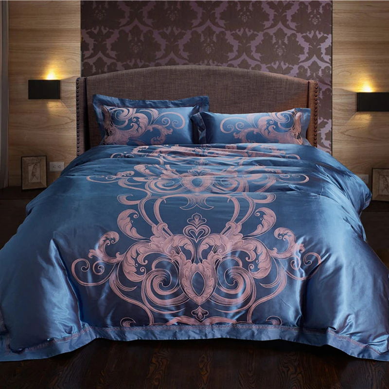 

Blue Leaves Print Bedding Set Queen King Size Silk Cotton Jacquard Slippery Duvet Cover Bedlinens Flat Sheet Pillow Cases