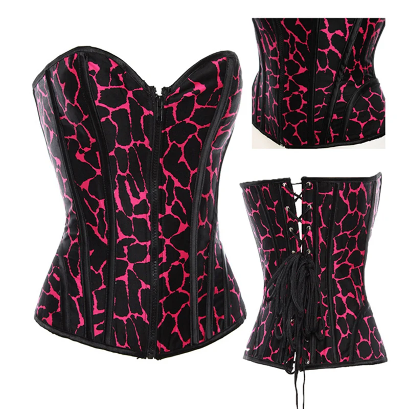 Corzzet Gothic Rose Red Leopard Front Zipper Strapless Overbust Corset Top Steampunk Sexy Lingerie Vintage Korsett For Women