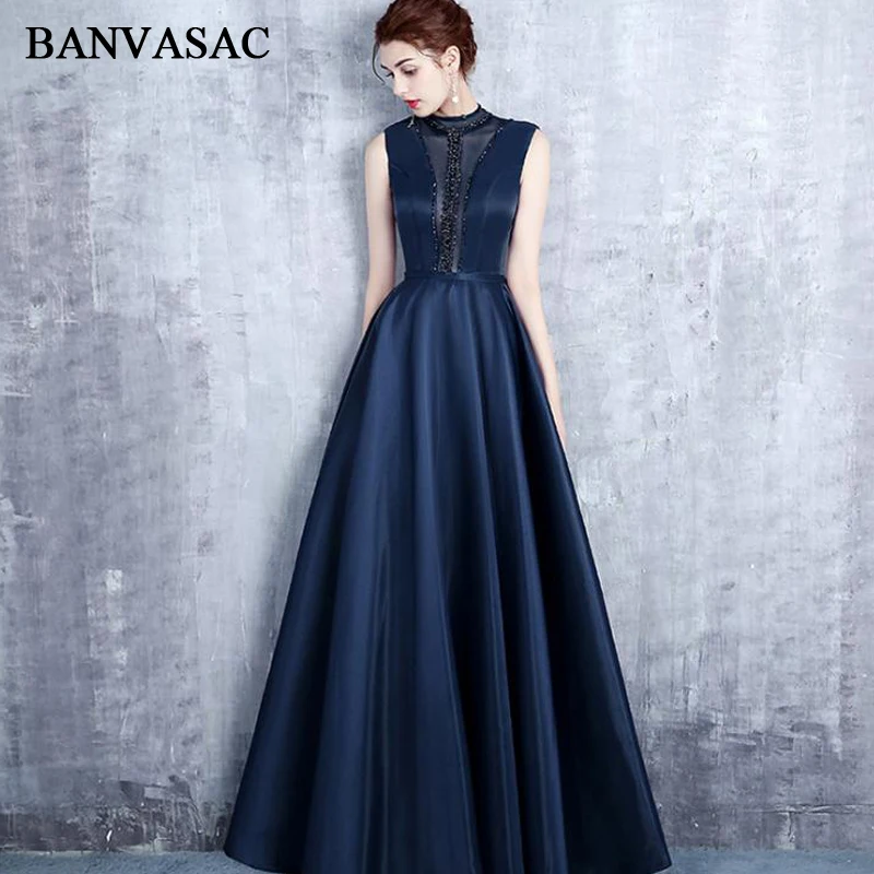 

BANVASAC Illusion Crystal High Neck 2018 A Line Beading Long Evening Dresses Party Lace Sash Backless Prom Gowns