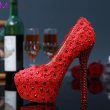 Sweet Pink and Red Lace Flower Bridal Wedding Dress Shoes Rhinestone High Heels Ladies Summer Shoes Pluse Size 34 – 43