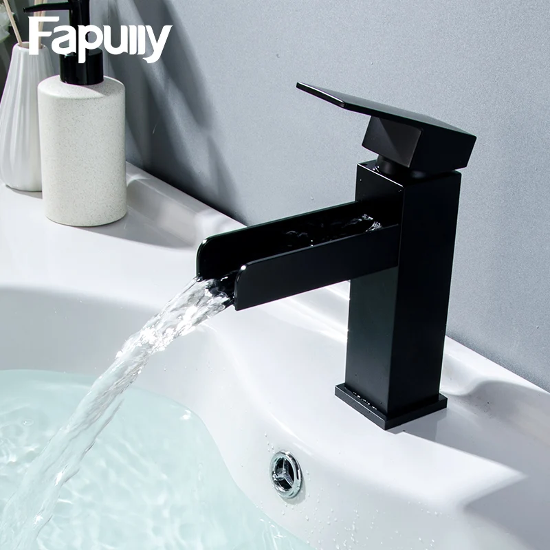 

Fapully Waterfall Basin Bathroom Faucet Deck Mounted Sink Tap Black Single Handle Mixer Taps Single Holder Hot and Cold Water
