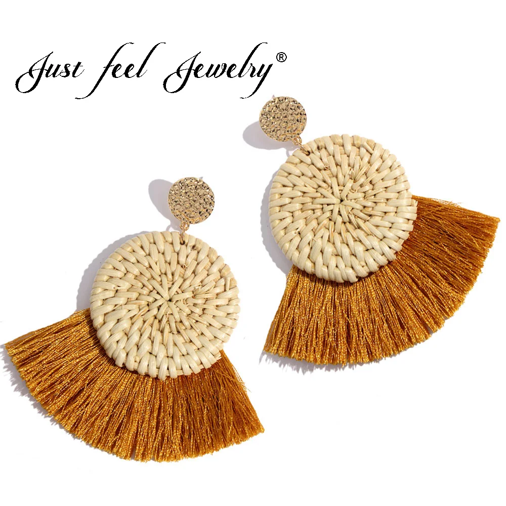 Женские Ротанговые серьги подвески JUST FEEL круглые из ротанга с большой бахромой