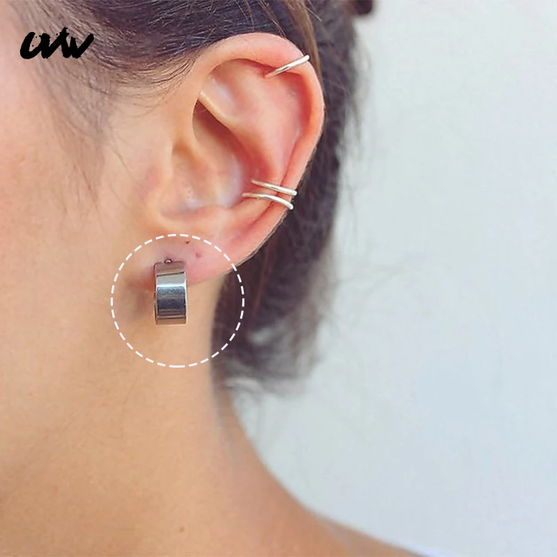 

UVW028 2pc Punk Trendy Surgical Steel Silver Hoop Earrings for Women Men Ear Clip Pendientes Earrings Brincos Fashion Jewelry