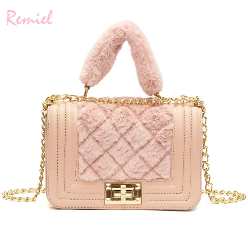 

2018 Winter Fashion New Women's Designer Handbag High quality Soft Plush Sweet Lady Square Tote bag Chain Shoulder Messenger bag