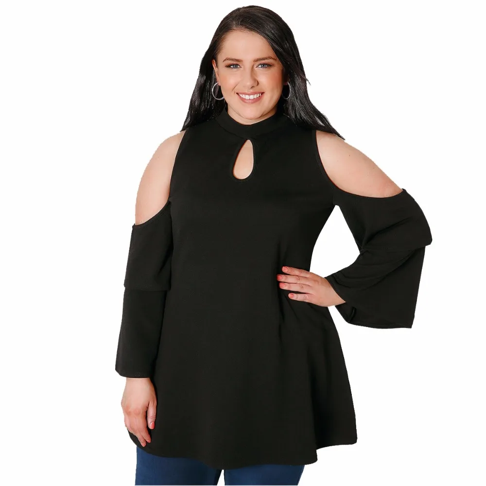 Плюс Размеры с открытыми плечами выдалбливают Бабочка рукавом Блузка Для женщин Повседневное Черный Топ с длинным рукавом Базовая рубашка