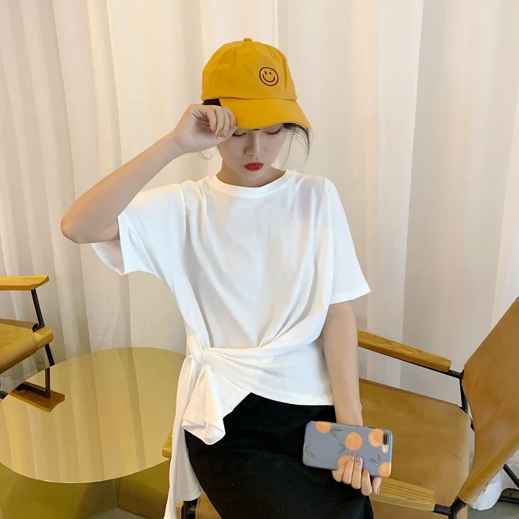 

2019 Spring and Summer Cotton Casual T-shirts Korean Version Short Sleeve Irregular Loose T-shirts O-Neck Short Tassel Solid