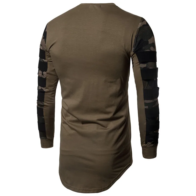 Brand New Camouflage Mesh Stitching T Shirt Men Longline Curved Hem Camo Streetwear Cotton Hip Hop