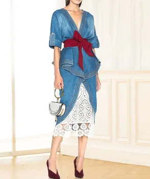 

Fashion women's skirt suits 2018 Fall runway V neck backless Denim dress tops+ lace hollow out skirt two piece set D292