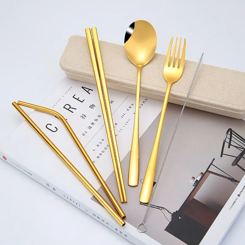 

Stainless Steel Gold Cutlery Set Fork and Spoon Korean Chopsticks with Eco Friendly Metal Straw for Travel Camping Tableware