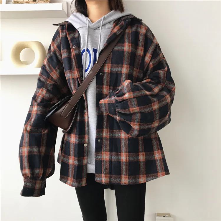 Harajuku Outono Xadrez Seção Fina lã Cardigan Coreano Puff Manga Magro Camisa Quente Jaqueta Retro Casual Feminino Botão Superior 2019 11 Blusas e Camisas