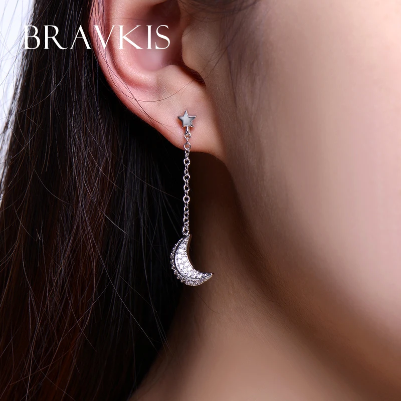 BRAVEKISS cz crystal pendant pending drop ear piercing moon star chain earrings dangle mismatched for women longos BUE0196B - Image 4