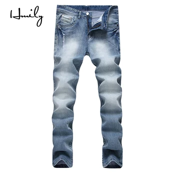 

HMILY Classic vintage trousers Men Denim Straight Male Slim Fit Big Size 28-42 cotton new Pants four seasons Blue male youth
