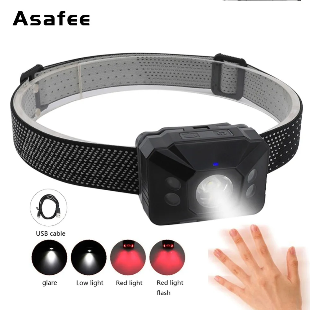 

Asafee 3000LM Mini Headlamp XPG2 LED USB Rechargeable Head Lamp Body Motion Sensor White Red Light Head Torch Hunting Flashlight