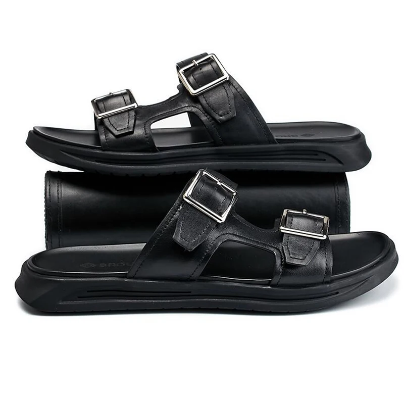 Slippers Men's Summer Sandals Trendy Man Buckle Belt Beach Shoes Outdoor Slippers Genuine Leather Slides