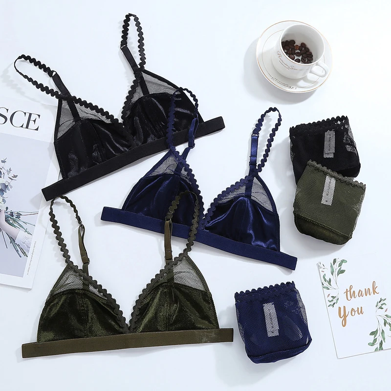 

Wriufred Velvet Mesh Patchwork Women's Underwear Ultra thin Transparent Hollow Bra Panties Sets Triangle Cup Sexy Lingerie