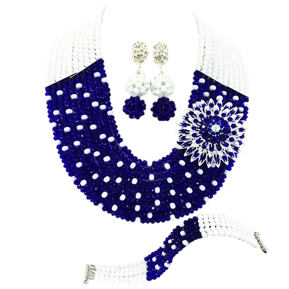 Красивый Серебряный Королевский синий африканский бисер набор украшений для женщин 10C-SZ56 - Окраска металла: White Royal Blue