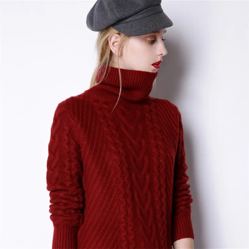 LHZSYY Winter New High Collar Thick Cashmere Sweater Fashion Solid color Twist flowers Women Sweaters Long high quality pullover