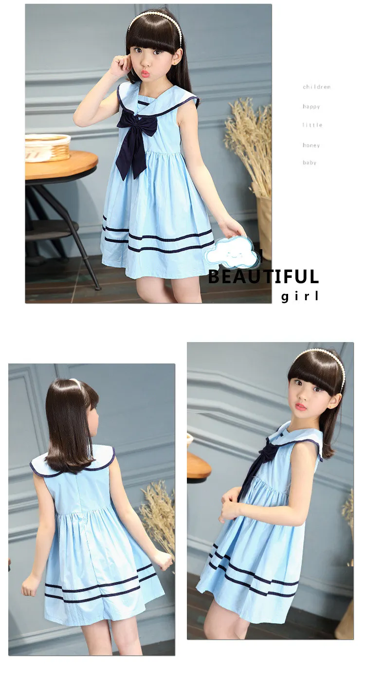 3-12 y girls summer dress sleeveless a-line dresses girl navy style kids dresses for girls princess dress big bow  (3)