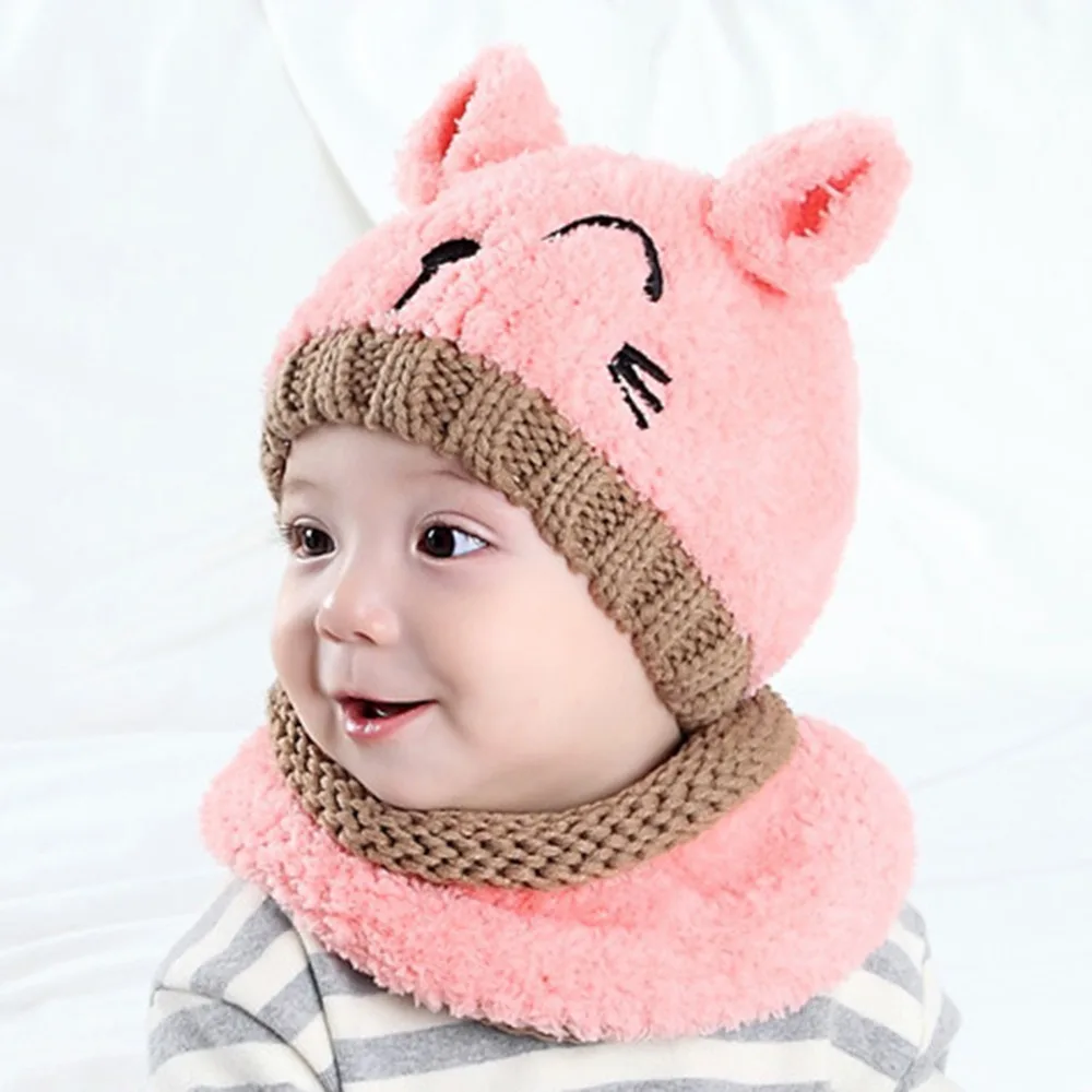 Puseky/зимние детские шапки с медвежьими ушками, милая детская вязанная шапка для мальчика, шапка, теплая шапка для младенца+ вязаный шарф с капюшоном, комплект ушей