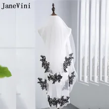 JaneVini готический Белый/цвет слоновой кости, Свадебные Короткие Фата с черной кружевной аппликацией 2 слоя фату с расческой тюль bruids Sluier