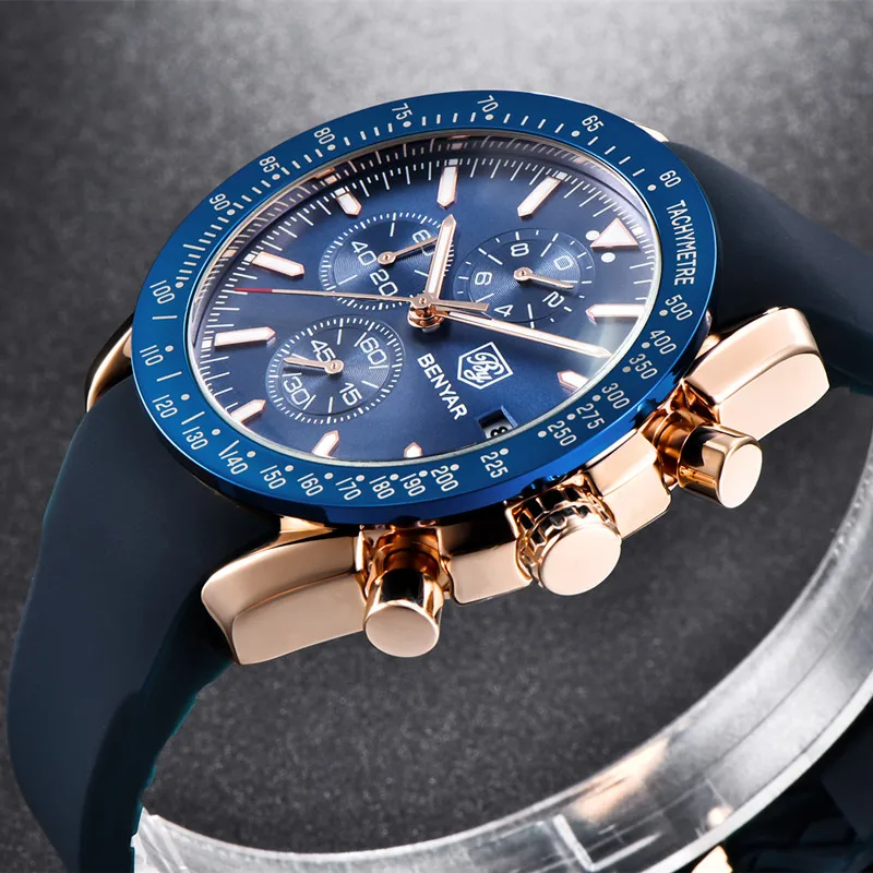 2022 Watch Men Luxury Brand Benyar Mens Blue Watches Silicone Band 