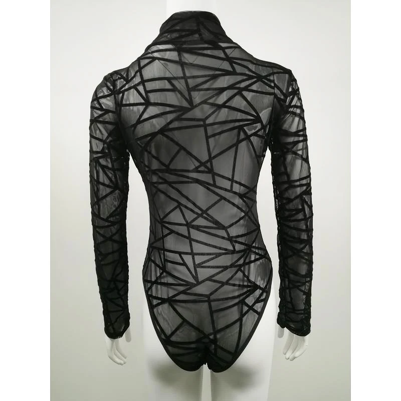 ADEWEL Black Mesh Geometric Velvet Woman Bodysuit Long Sleeve Ladies Rompers Lace Bodysuit Top Macacao Body Feminino Jumpsuit