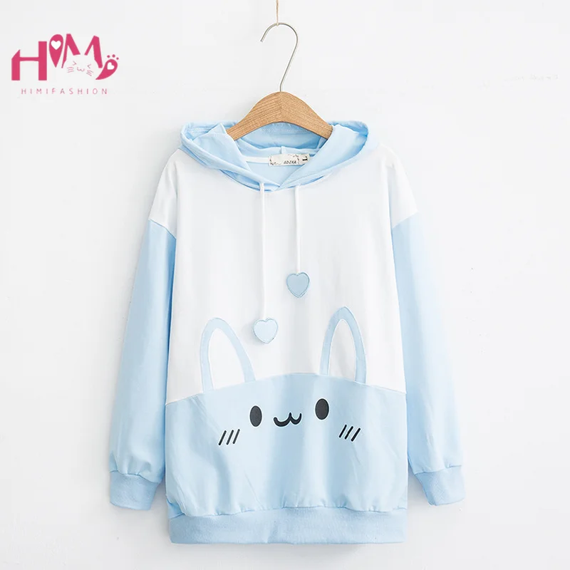 Cute Rabbit Women White Hoodie Kawaii Bunny Ear Printed Graphic Hooded Sweatshirt Autumn 2022 Harajuku Girls Pink Blue Pullover