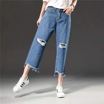 

2018 Autumn Pants for Women Denim Jeans High Waisted Jeans Loose Hole Hair Edge Fashion Wide Leg Pants Plus Size Jeans