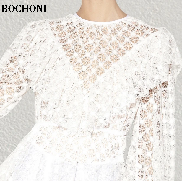 BOCHONI 2018 новый листьев лотоса Фонари рукавом Талия Тонкий дамы кружевное платье с