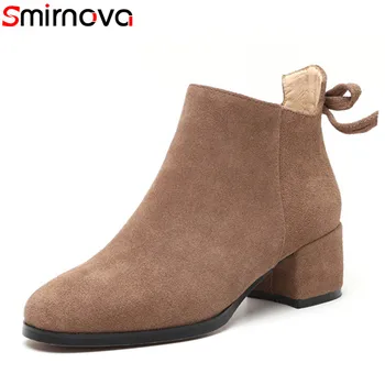 

Smirnova NEW arrival 2018 ankle boots butterfly knot round toe thick heels suede leather boots women's casual shoes SIZE 33-40
