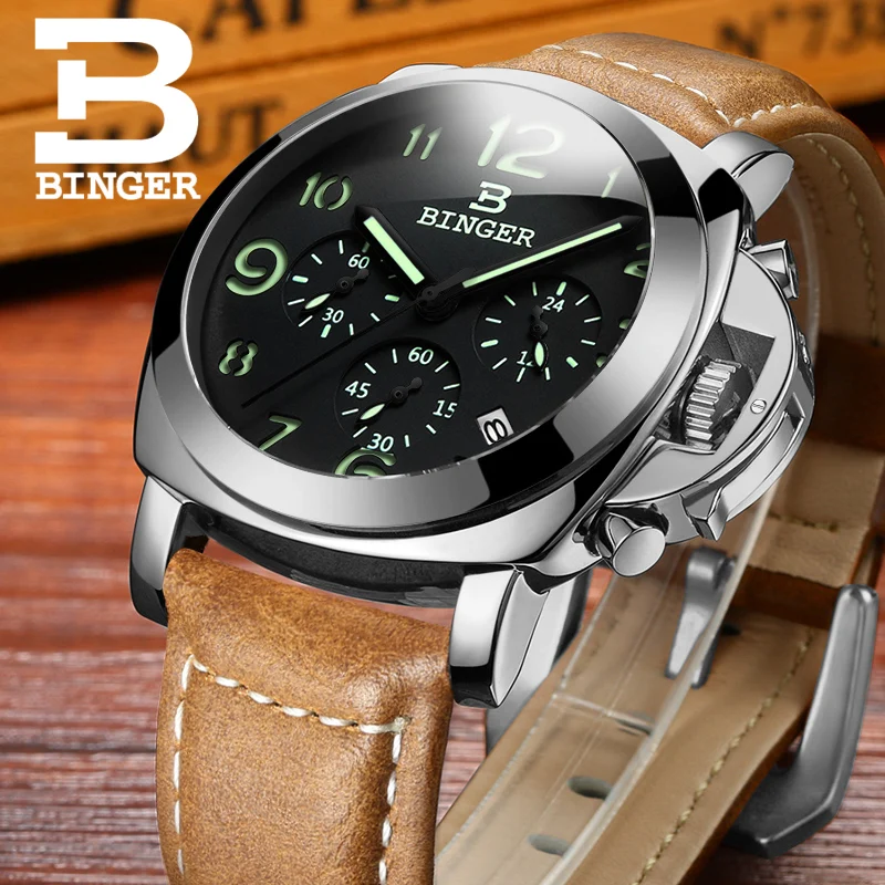 New BINGER Luxury Brand Quartz Watches Men analog chronograph Clock Men Sports Military Leather Strap Fashion Wrist Watch