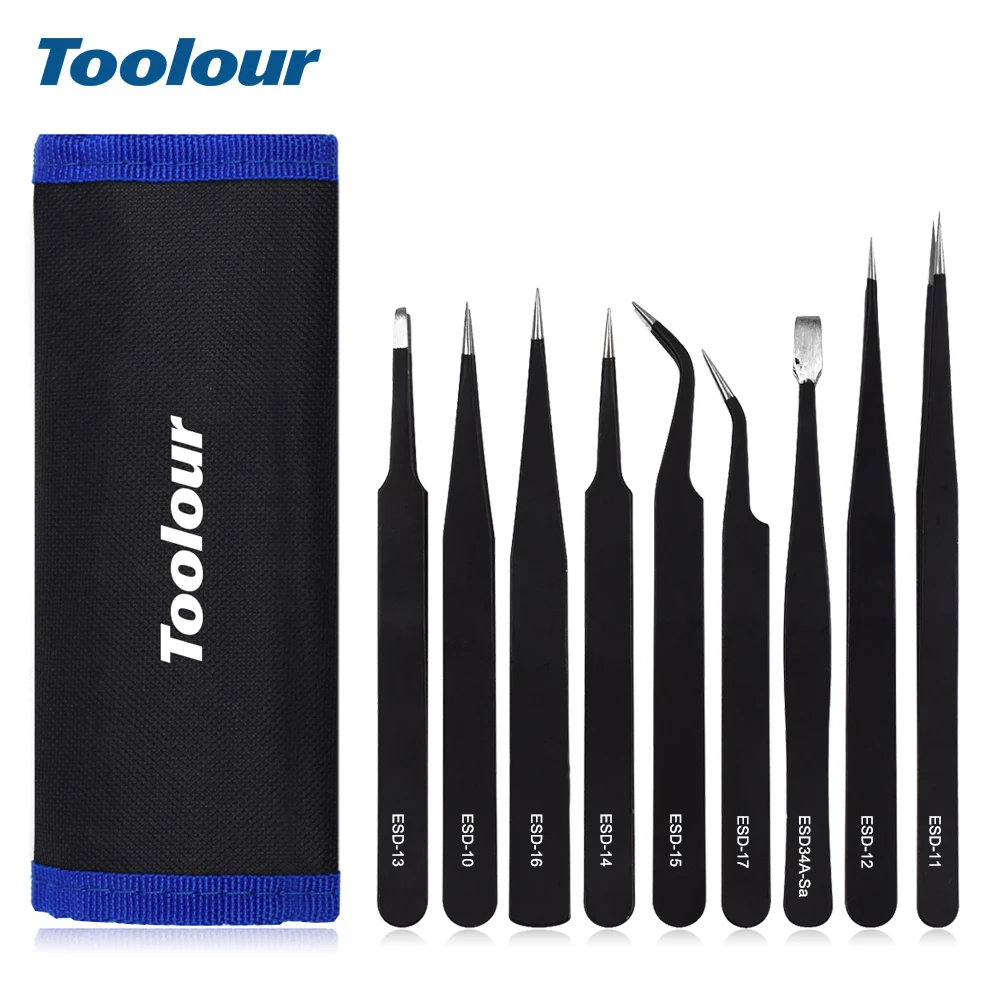 Toolour 9PC ESD Precision Industrial Tweezers Anti static