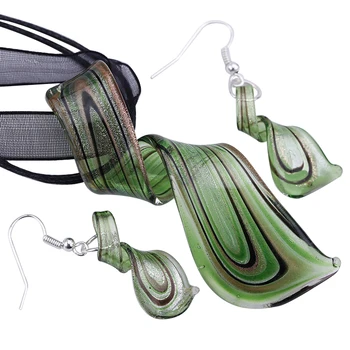 

Free shipping 12Sets/Lot green Lampwork Glass Murano Pendant Necklace Earrings FASHION