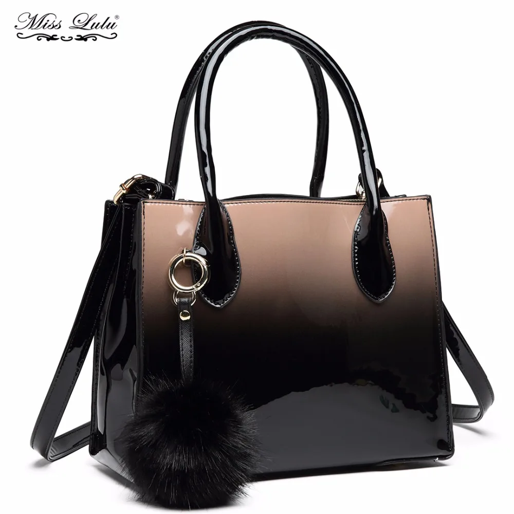 

Miss Lulu Women Patent Leather Handbags Gradient Shoulder Bags Ladies Fashion Fur Ball Tote Cross Body Bags for Girls LH1759