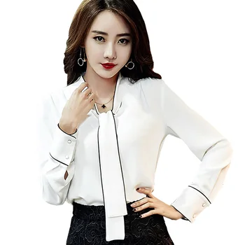 

Black & White Lady Casual Shirts Size M-2XL Autumn Fashion Women OL V-Neck Chiffon Blouses 2017 New Clothing