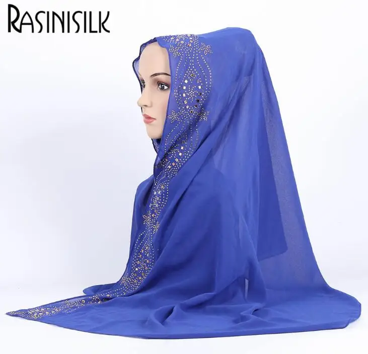 

2019 Summer Muslim Hijab Scarves With Diamonds Chiffon Long Shawls Headscarf Exquisite Rhinestone Floral Islamic Voile 170*70cm