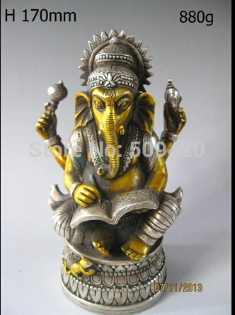

fast ShippingTibet Gilt Silver Bronze Elephant Headed God Ganesh Statue
