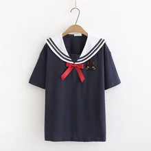 Маленькая свежая японская женская Свободная футболка с бантом и темно-синим воротником, аниме Сейлор Мун, милый кот, вышивка, короткий рукав, футболка, Костюм Моряка