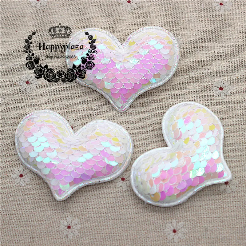 

10pcs 6cm Glitter White AB Paillette Heart Padded Patches Appliques For Clothes Sewing Supplies DIY Hair Bow Decoration