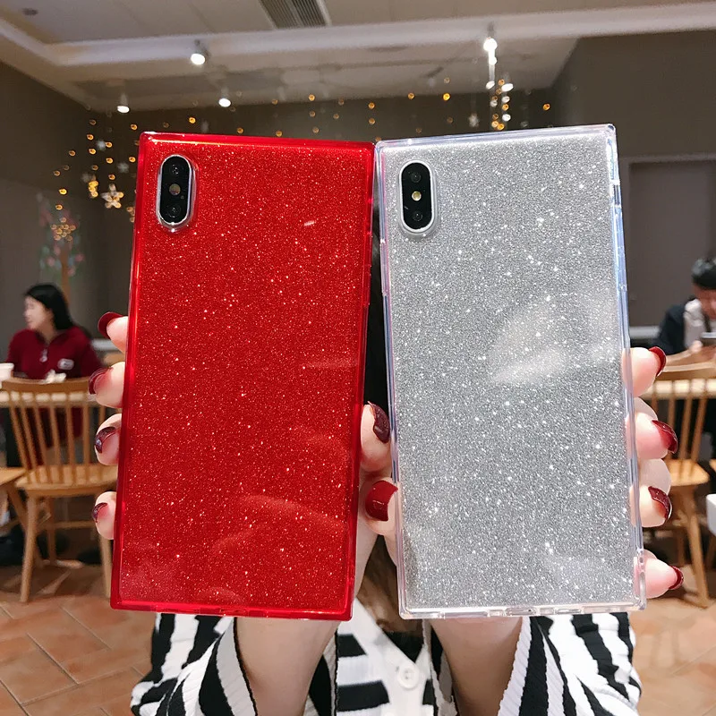

Luxury Square Bling Glitter Powder Phone Case For Iphone 7 8 6 6S Plus X XS Max XR Cover Silicone Soft TPU Shockproof Case Coque