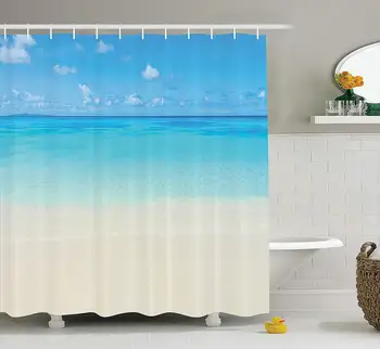 

Shower Curtain Ocean Paradise Beach in Tropical Caribbean Sea with Fantastic Sky View Calm Beach Theme Fabric Bathroom Decor