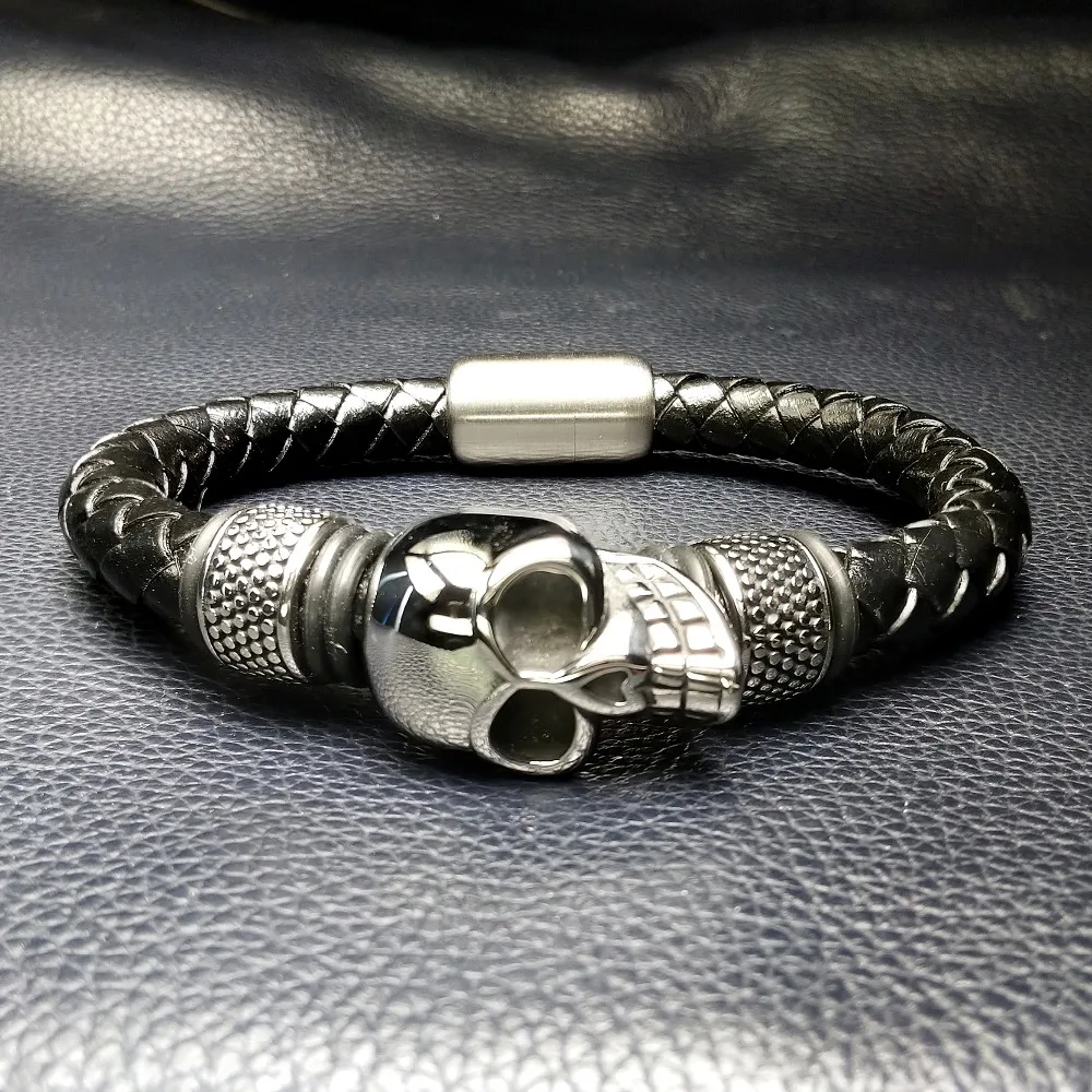 

Charm Bracelet For Women Men Jewelry Punk Rock Silver Skull Stainless Steel Bead Braided Rope Leather Bracelet Men wristband L57