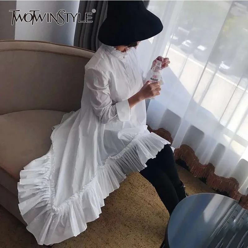 

TWOTWINSTYLE Asymmetry Patchwork Ruffle Women's Shirt Blouse Long Sleeve Pleated Hem White Tops Female Autumn 2019 Oversized