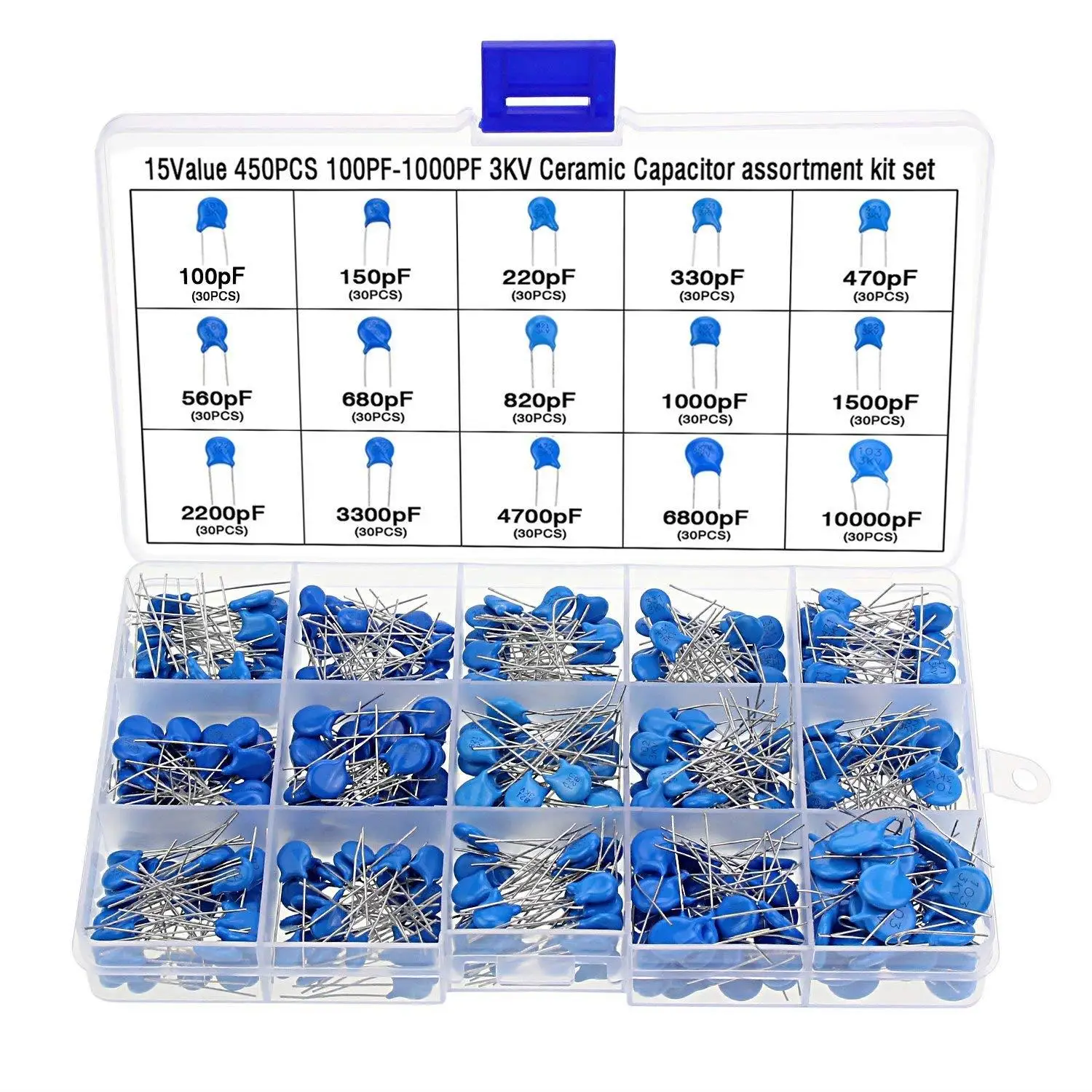 

450PCS 15Values 450PCS High Voltage Dip Ceramic Capacitor Assortment Kit Range 100PF-10000PF 3KV stability Drop shipping