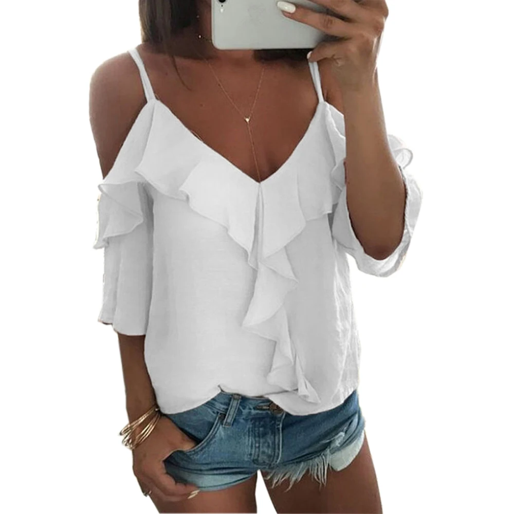 

Summer Sexy Women Blouse Off Shoulder Half Sleeve Spaghetti Strap Ruffle Womens Tops And Blouses Off Shoulder Backless Shirt