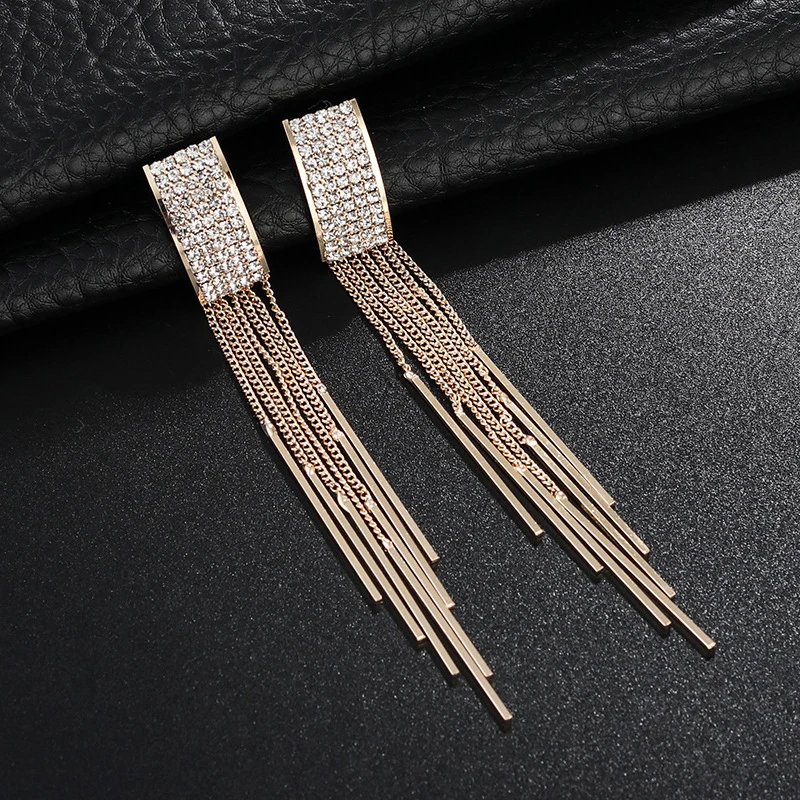 

2019 New Fashion Gold Color Long Crystal Tassel Dangle Earrings for Women Wedding Drop Earing Brinco Fashion Jewelry Wholesale