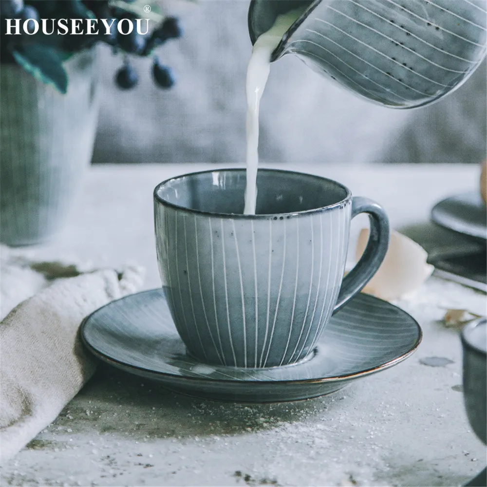 Houseyou, Японская Чашка Из Celadon, кофейная чашка, блюдце, набор, чайные чашки, креативные керамические чашки для послеобеденного чая, Современная фарфоровая чашка на День святого Валентина