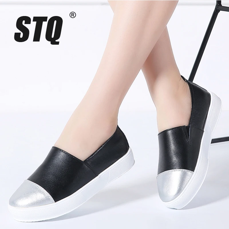 

STQ 2020 Autumn Women Leather Loafers Slip-on Ballet Flats White Black Shoes Woman Slip On Loafers Boat Shoes Moccasins 173